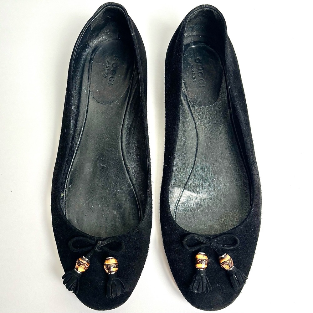 Gucci Bamboo Bow Classic Flats Black Suede EU 37.5 Shoes Ballet